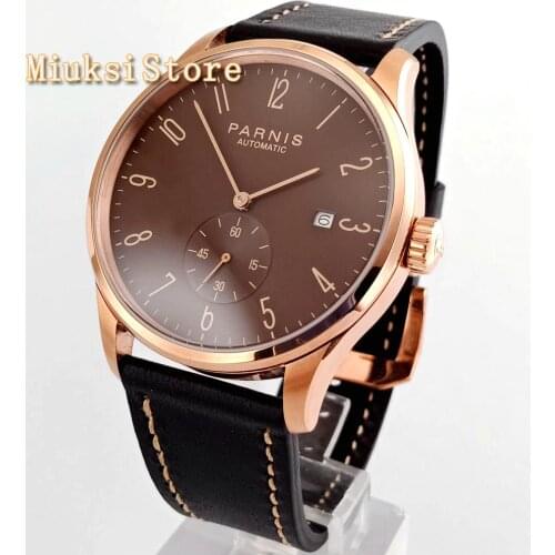 Parnis 41mm rose gold case coffee dial date leather sea gull automatic movement mens top leisure mechanical wrist watch
