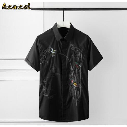 Azazel Mens Shirts Plus Size 4xl Luxury Flower And Bird Embroidery Short Sleeve Mens Dress Shirts Slim Solid Man Shirts