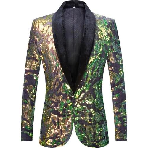 Mens Stylish Green Gold Sequins Velvet Blazer Stage Singers Shiny Paillette Slim Fit Suit Jacket Blazer Party Autumn Winter Coat