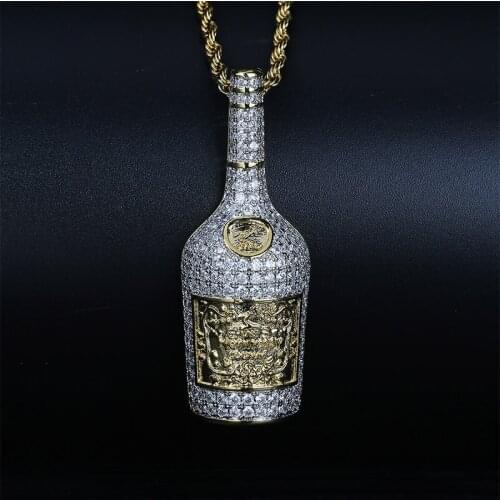 Hip Hop Two Tone Micro Paved AAA Cubic Zirconia Bling Iced Out Whiskey Wine Bottle Pendants Necklace for Men Rapper Jewelry Gold