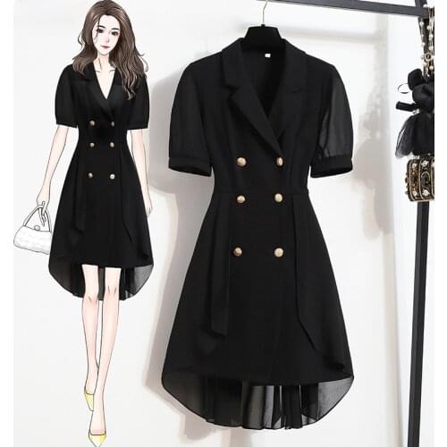 2021 Summer New Suit Collar Shows Thin Chiffon Splicing Black Short Sleeve Dress