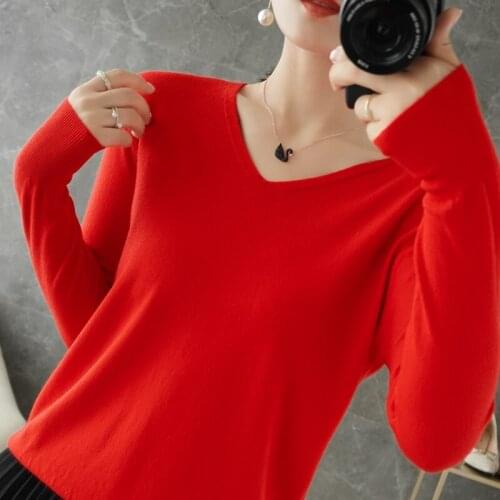 2021 Autumn Winter Cashmere Wool New V-neck Long Sleeve Knitted Sweater Womens Pullover Warm Soft