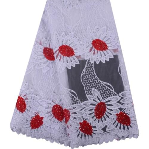 Latest White+Red Nigerian French Mesh Lace Fabric With Stones High Quality African Bridal Milk Silk Lace Fabric For Wedding 1437