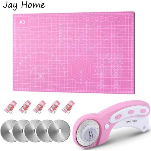 Pink 45MM Rotary Cutter & Replacement Blades A3 Self Healing Cutting Mat Sewing Clips for DIY Crafting Sewing Quilting Patchwork