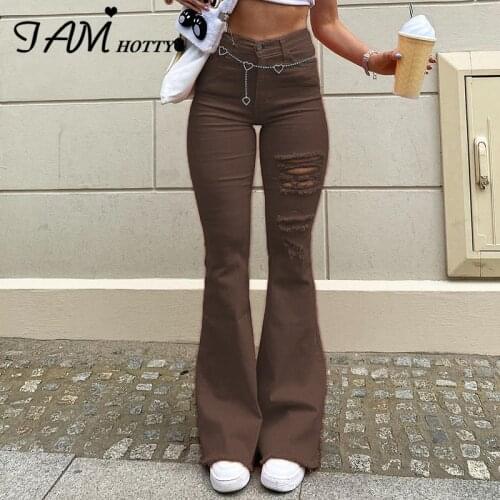 Ripped Hole Flare Jeans Women Stretchy High Waist Boot Cut Denim Pants Vintage Frill Cargo Pants Classic Streetwear New Iamhotty