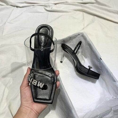 Summer Slide Women Lady Black PVC Rhinestone Crystal High Heels Shoes Pumps Open toe Sandals Flip Flop SLIPPERS square heel