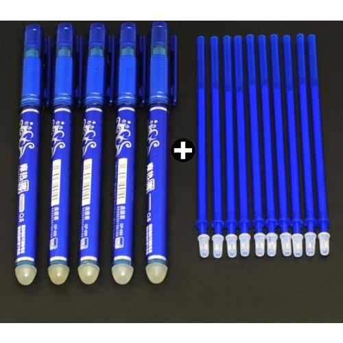 5pcs Erasable Pen + 10pcs Erasable Refill 0.5mm Blue Black Ink Writing Gel Pens Washable School Office Stationery Supplies