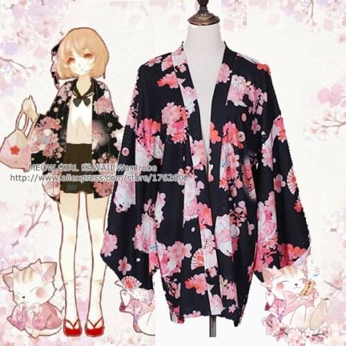 "Onegai Neko" Praying Cat Womens Japanese Yukata Style Kawaii Cherry Cat Trench Cute Lolita Loose Outwear 4 Colors