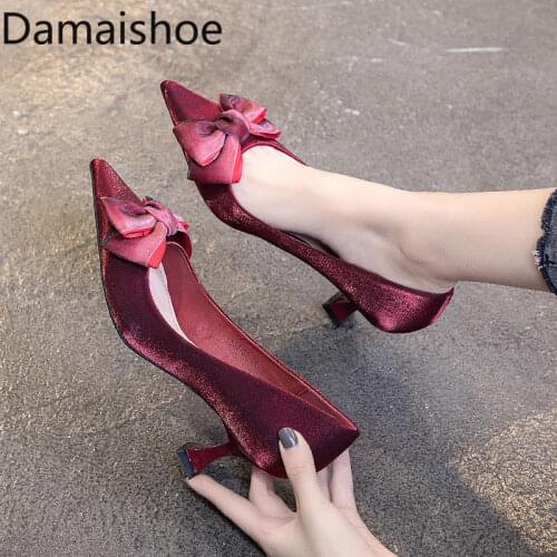 Womens Stiletto Heels 2021 New All-Match Internet Famous Sexy Fashion Bowknot Pointed Toe Pumps Red Wedding Shoes for Women