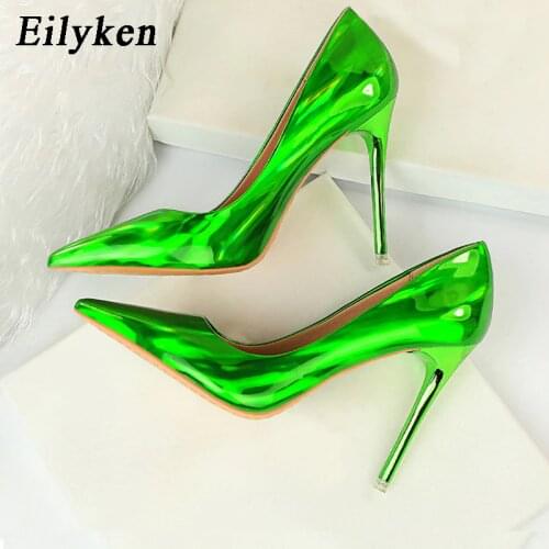 Eilyken 2021 New Women Sexy Fetish Green Red 10.5cm High Heels High Quality Patent Leather Pointed Toe Ladies Office Shoes