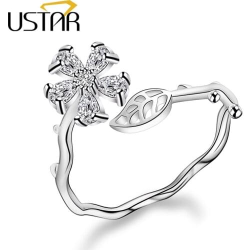 USTAR Weave Leaf Crystals wedding Rings for women AAA Zircon Flower finger Midi rings female Jewelry Opening adjustable size