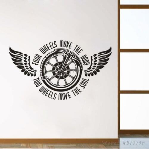 Motorcycle Wheels Vinyl Wall Sticker Two Wheels Move The Soul Quote Wall Decal Bike Wings Wheel Murals Garage Décor AZ935