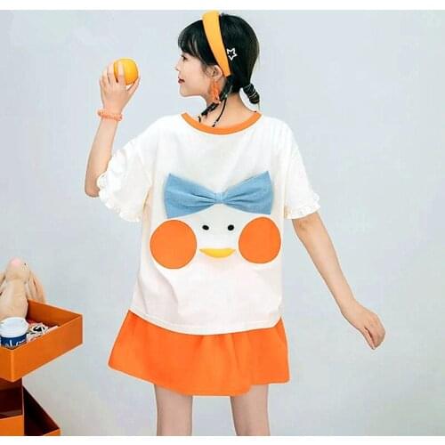 Womens Ruffled Cotton T-shirt Duck Cartoon Print Womens Cute T-shirt Short Sleeve O-neck Pullover Loose T-shirt Top NS366