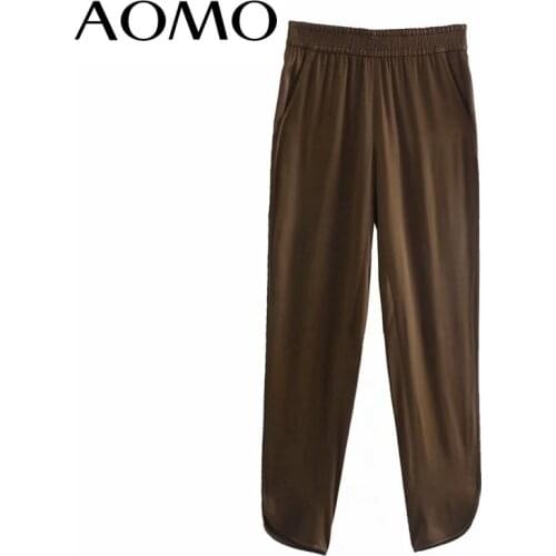 AOMO 2021 Women Solid Satin Pants Cargo Strethy Waist Pants Trousers Joggers Female Sweatpants 3H301A