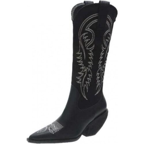 New Brand Embroidered Western Cowboy Womens Boots Square Mid-heel Pointed Toe High Quality Knee-high Boots Womens Shoes