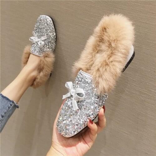 41 big size rabbit fur winter flat shoes woman silver/pink glitter fluffy flats crystal bowtie moccasins female fur loafers 620
