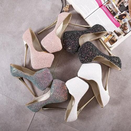 Large size 34-45 womens shoes spring and autumn fashion sequined shallow mouth single shoes sexy thick-soled stiletto high heel