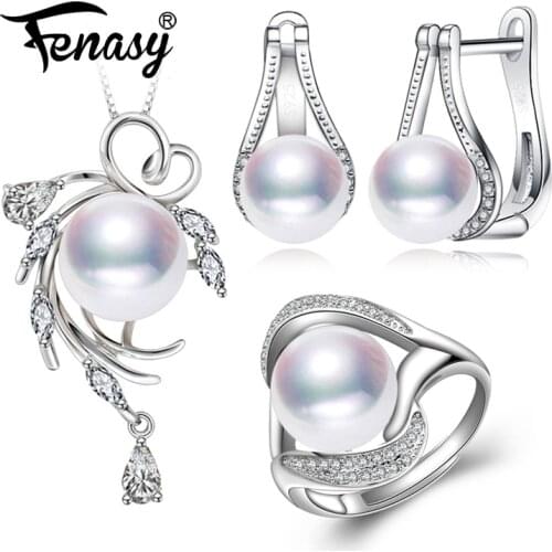 FENASY 925 Sterling Silver Jewelry Sets Natural Pearl Stud Earrings Custom Wedding Pendant Chain Necklace For Women
