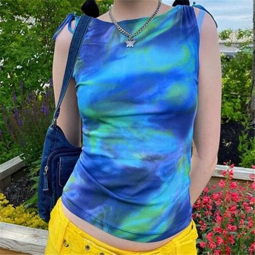 Y2K Tie Dye Tops Vest Color Abstract Printing Crop Blue Summer Women Streetwear 2021 Vintage High Neck Sexy Short Sleeveless Top