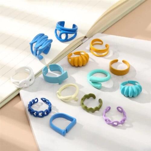 Punk Hand-painted Candy Color Dripping Oil Hollow Geometric Irregular Croissant Chain Open Rings For Women Party Rock Jewelry