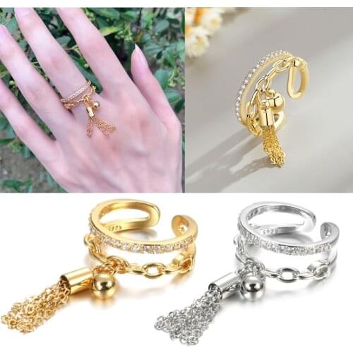 Link Chain Tassel Ring Zirconia with Spike Pendant Charm Finger Ring for Women Opening Adjustable Ring Jewelry Gifts