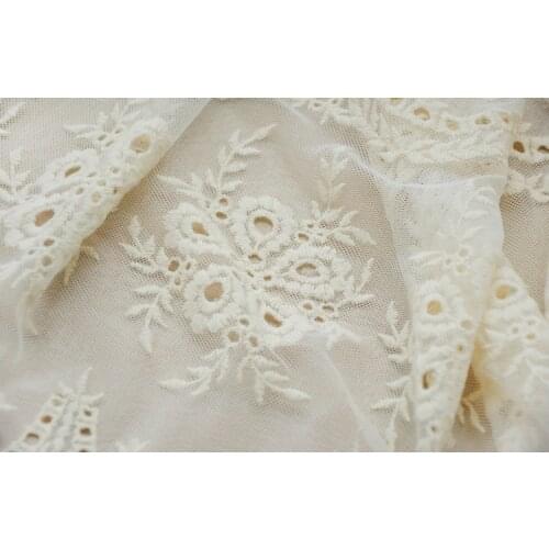 Ivory lace fabric with retro floral, lace curtain with hollowed out flower daisy, one yard