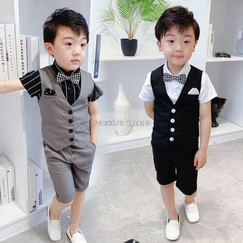 2021 Kids Summer Formal Vest +Shorts 2Pcs Suit Flower Boys Birthday Tuxedo Dress Kids Birthday Party Suit Clothing Set