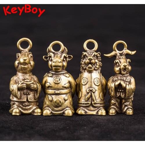 Antique Brass Cartoon Chinese 12 Zodiac Animals People Figurines Vintage Car Key Chain Pendants Jewelry Copper Keychain Hanging