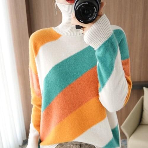 FRSEUCAG 21 4-color new high-neck 100% pure wool sweater ladies casual loose hedging knitted cashmere sweater full sleeves Home