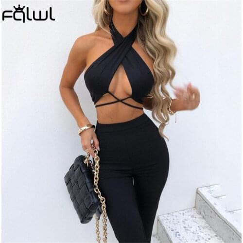 FQLWL Summer Sexy 2 Two Piece Set Women Outfits Halter Bandage Crop Top Women Pant Matching Sets Suit 2021 Black Tracksuit Women