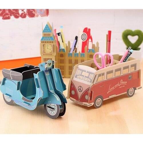 DIY Cardboard Pen Holder Desk Pencil Storage Container Home Office Decoration -Piano, Blue Locomotive, Red Bus, Big Ben, Bus
