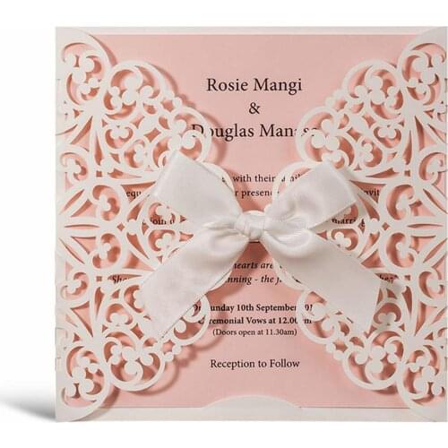 Square Laser Cut Wedding Invitations 50pcs, Handmade Lace Ribbon Blank Quincenera Birthday Cards with Envelopes and Pink Insert