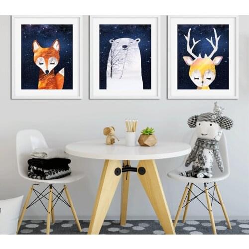 Fox Bear Deer Nursery Wall Art Canvas Painting Woodland Animals Star Night Sky Theme Posters And Prints Baby Kids Room Decor