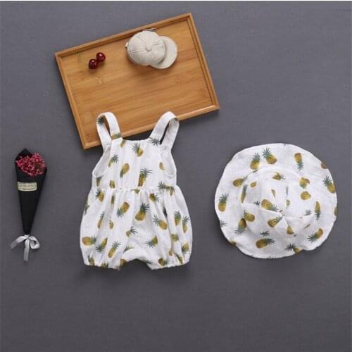 Cute Toddler Baby boys Girls Romper Clothes set Sleeveless Strap Romper Pineapple print Jumpsuit Summer Outfit cap suit