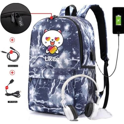 Russia Likee App "LIKEE 1 (Like Video)" USB Charging Bags Men Anti-theft Backpack Heart Cat School Bags for Teenage Girls