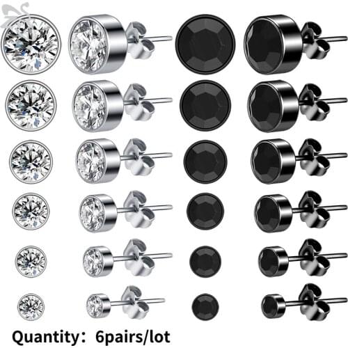 20g 6pairs/Lot Stainless Steel Ear Studs Earring Set Black Zircon Round Earring for Women Basic Cartilage Helix Piercing Earring