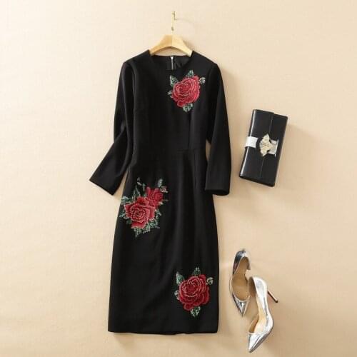 2021 Free Shipping Spring Crew New 3/4 Sleeve Empire Knee Length Black Embroidery