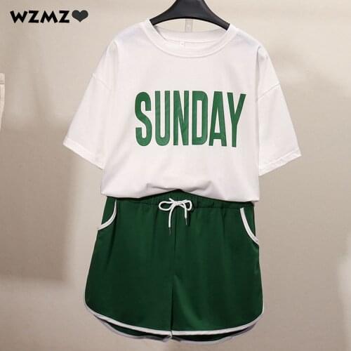 Girls Pajamas Set Fashion SUNDAY Print Casual Patchwork Sleepwear Short Sleeve T-shirt & Drawstring Shorts Home Suit for Women