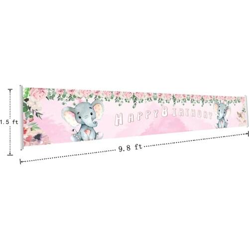 Girl Happy Birthday Party Banners Pastel Cute Elephant Party Banners Pink Flowers Background Banner Poster Signs With Grommets