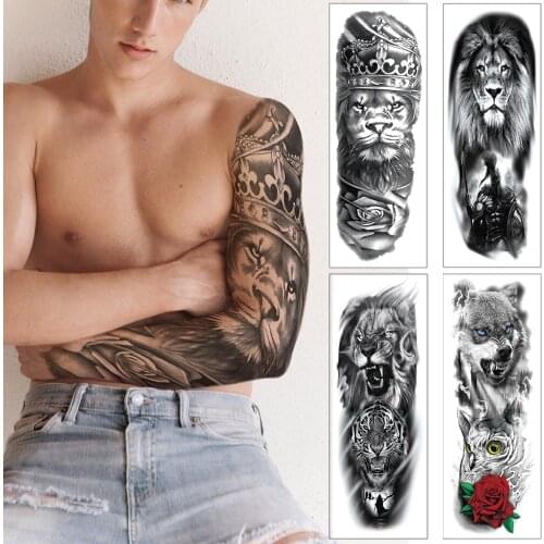 Big Lion Arm Tattoo Sleeve Crown Pink King Waterproof Tattoo Temporary Wolf Sticker Wild Tiger Men Full Tatto Skull Totem