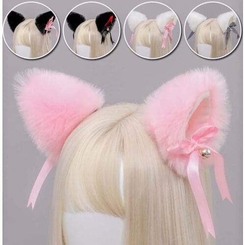 1 Pair Japanese Lolita Anime Hair Clips Cute Furry Cat Ears Hairpin with Bowknot Bell Cosplay Costume Snap Barrette M19 21