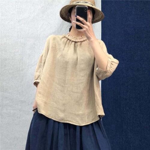 Johnature New Vintage Solid Color Linen Ruffles Half Sleeve Womens Tops And Blouses 2021 Summer Loose Casual Female Shirts