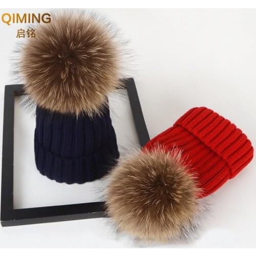 Womens Autumn Winter Hats for Women Children Real Fur Ball Pom Poms Hat Beanie Cap Fluffy Fur Hats Girls Knitted Hat Pompon