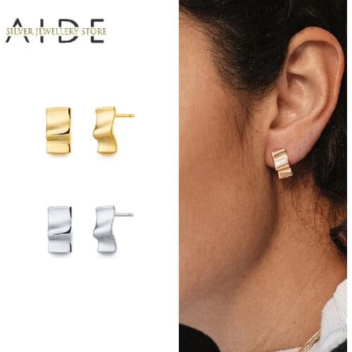 AIDE Korean Fashion Wave Stud Earrings For Women Personalized Square Curved Piercing Earings Silver 925 Jewelry Gift kolczyki