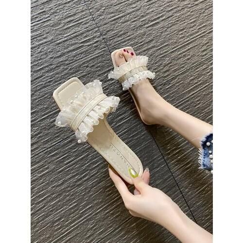 Temperament Square Toe Womens Shoes Summer New Style Fashionable Outer Wear Comfortable Flat Slippers