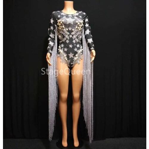 Women Fringed Crystals Outfit Jazz Dj Costume Rhinestone Sexy Bodysuit Black Singer Dancer Nightclub Stage Party Prom Bodysuit