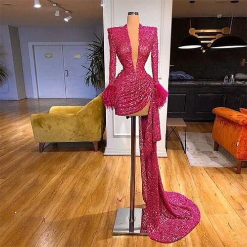 Sparkling Rose Red Party Dresses Sequins Feathers Formal Dress vestido de fiesta Sheath Deep V Neck Ostrich Overlay Prom Gowns