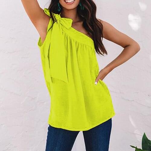 Summer Womens Blouses Sexy One Shoulder Sleeveless Shirt Casual Loose Solid Color Lace Up Top Female Pullover Clothes
