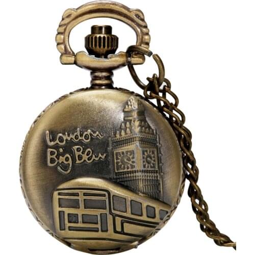 Small Size Mini Retro Bronze London Big Ben Quartz Pocket Watch Necklace Pendant UK Souvenir Sweater Chain Watches for Men Women