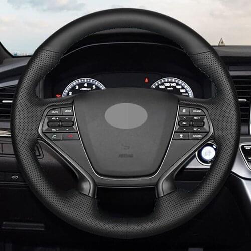 Car Steering Wheel Cover Hand-stitched Non-Slip Black Artificial Leather For Hyundai Sonata 9 2015 2016 2017 (4-Spoke)